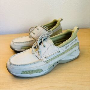 LL Bean Light Gray Leather Green Boat Shoes Women’s Size 8.5
